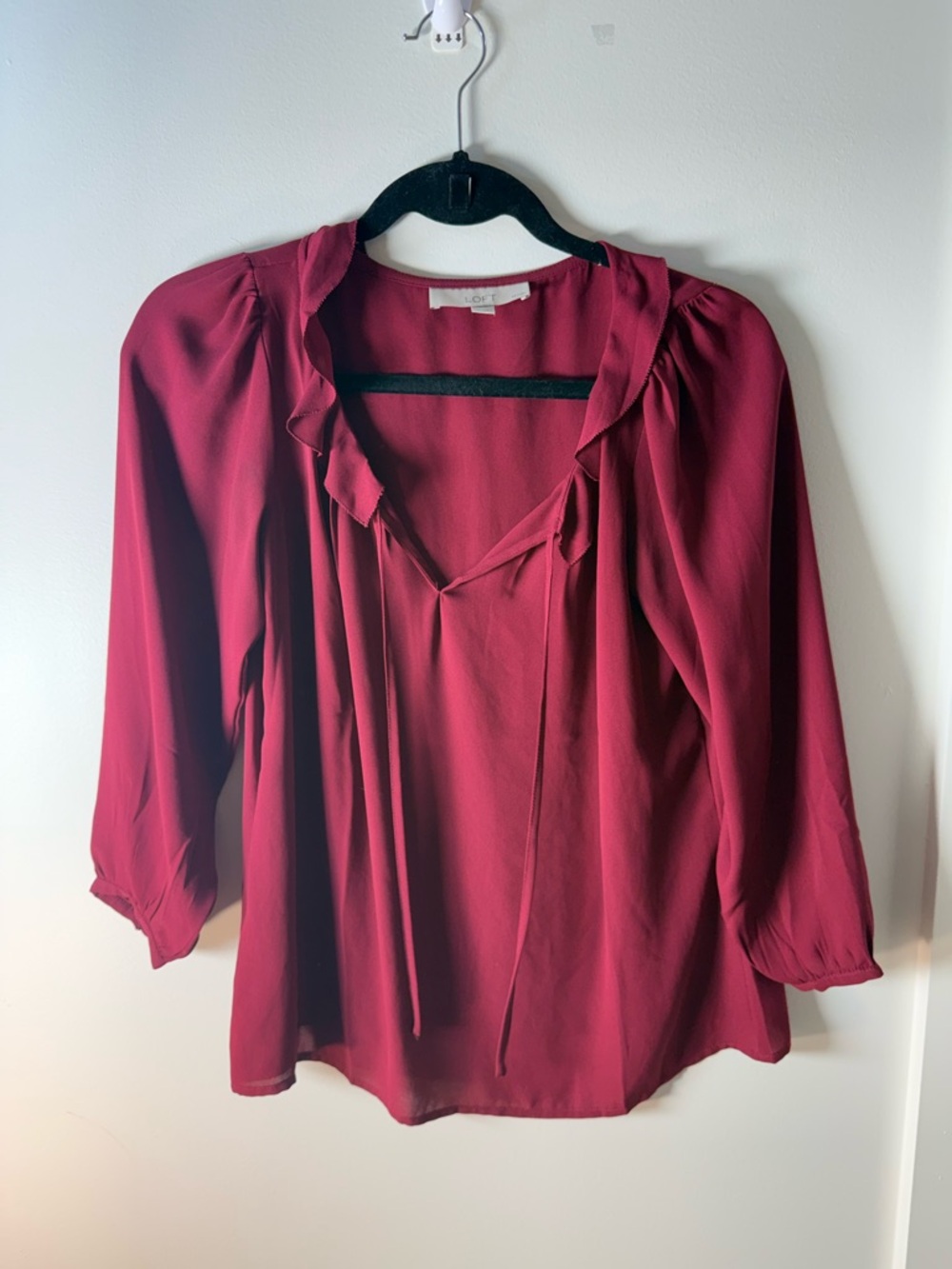 LOFT Burgundy Ruffle Tie-Neck Blouse
